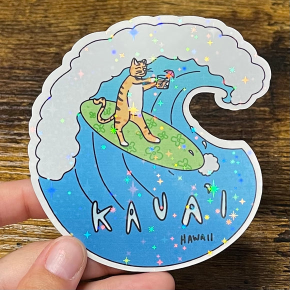 Cheeto Catches A Wave - Sticker, Surfing, Hawaii Cat