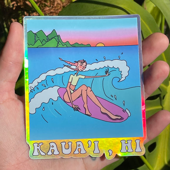 Kauai, HI Holographic Sticker - Durable, Water Proof, Surfing, Hawaii Girl