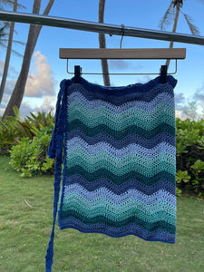 Blue Waves Wrap Skirt - Crochet, Cotton, Beach Coverup