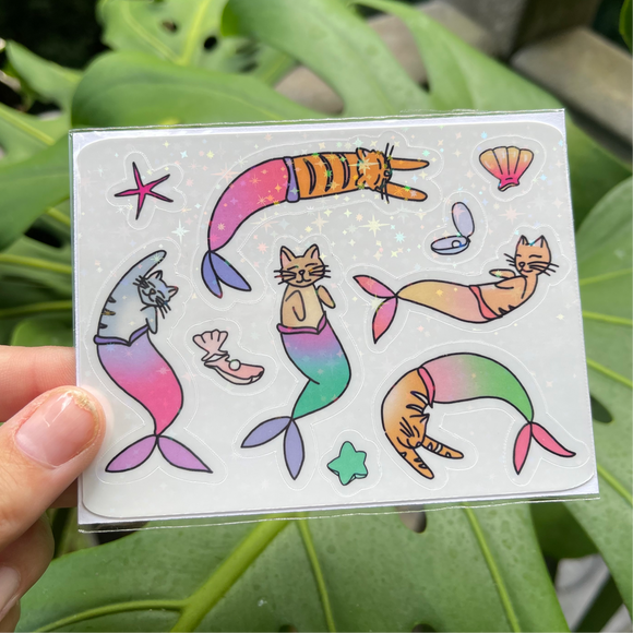 Kaua’i Mewrmaids Sticker Sheet - Holographic, Cats, Mermaids, Ocean