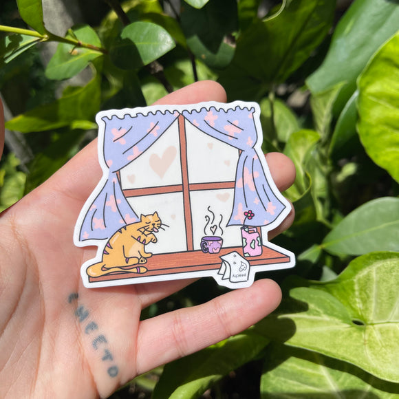 Window Scene - Semi-Transparent, Cat At Window, Cute Sticker, Functional Window, Dreamy Aesthetic