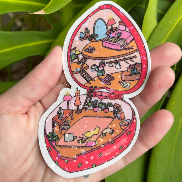 Strawberry Tiny Home - Holographic Sticker, Original Artwork, Polly Pocket Inspired