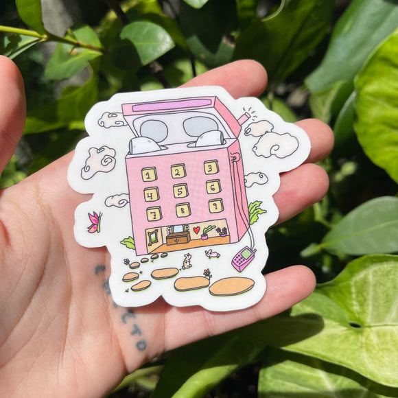 Tiny Techno House With Bunnies - Sticker, Vinyl, Semi Transparent, Polly Pocket, Early 2000s, Trendy Girl