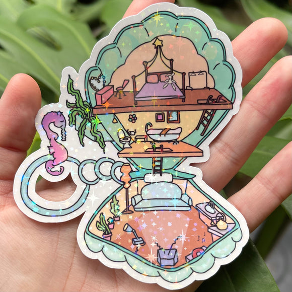 Ocean Shell Pocket Home - Holographic Sticker, Tiny House, Polly Pocket Inspired