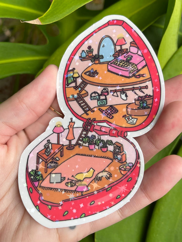 Strawberry Tiny Home - Holographic Sticker, Original Artwork, Polly Pocket Inspired