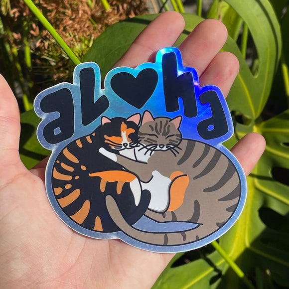 Aloha Kitties Holographic - Car Sticker, Durable, Kitty Snuggles