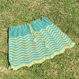 Striped Ripple Mini Skirt - Crochet, Greens, Leaf Details