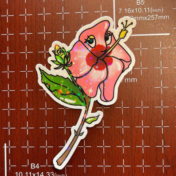 Hibiscus & Bud - Holographic Sticker, Hawaii Flower, Tropical Plant