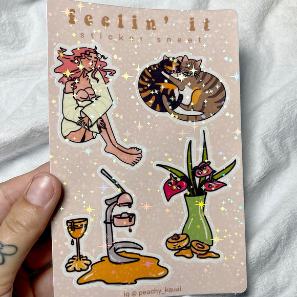 Feelin’ It - Sticker Sheet, Holographic, Moody Girl, Peaches,Cats