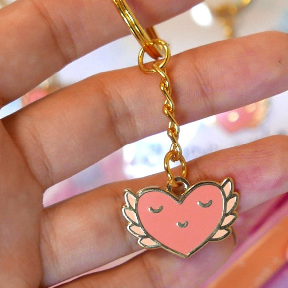 Goodie Keychain - Y2K Aesthetic, Angel Wings, Smiley Heart, Kawaii Charm, Gold and Pink