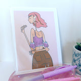 Feelin’ It - Card, Moody Girl, Crochet Top, Peachy, Pink and Purple, 90s Hairstyle