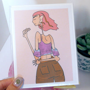 Feelin’ It - Card, Moody Girl, Crochet Top, Peachy, Pink and Purple, 90s Hairstyle