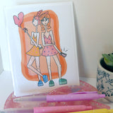 Gal Pals - Card, Besties, Girl Power, Friendship, Neighborhood Kids, Cool Teenagers, Pink and Orange