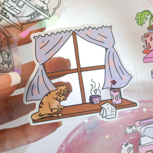 Window Scene - Semi-Transparent, Cat At Window, Cute Sticker, Functional Window, Dreamy Aesthetic