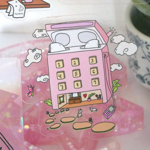 Tiny Techno House With Bunnies - Sticker, Vinyl, Semi Transparent, Polly Pocket, Early 2000s, Trendy Girl