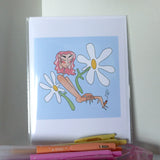 Peaches 'n Daisies - Recycled Paper Card, Stoner Girl, Relaxed, Baby Blue and White