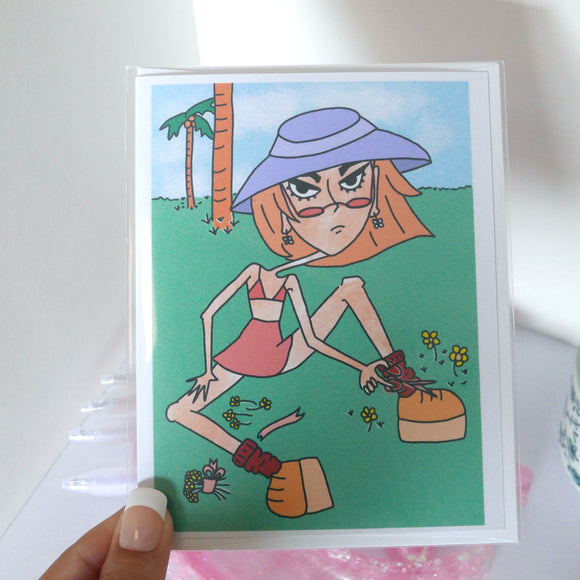 Cutting Flowers - Card, Flower Girl, Nature Lover, Sassy, Trendy Fashion Art, Recycled Paper Card