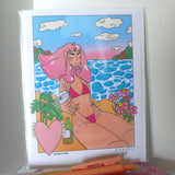 Peachy at the Beach - Card, Hawaii Landscape, Y2K Girl, Smiling Flowers, Dreamy Beach Day