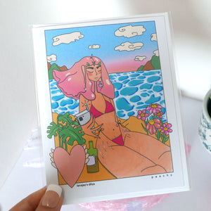 Peachy at the Beach - Card, Hawaii Landscape, Y2K Girl, Smiling Flowers, Dreamy Beach Day