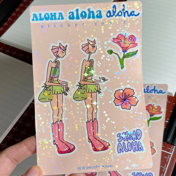 Aloha Sticker Sheet - Holographic, Hawaii Art, Hibiscus, Shaka