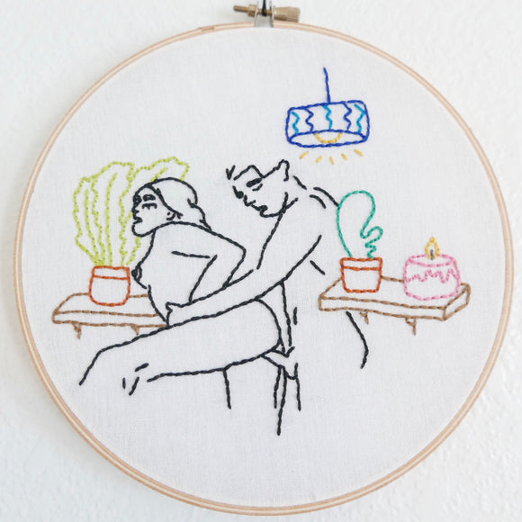 A Quiet Night At Home - Embroidery Hoop, Erotic Art, Hand Stitched