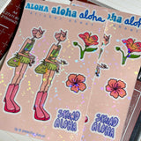 Aloha Sticker Sheet - Holographic, Hawaii Art, Hibiscus, Shaka